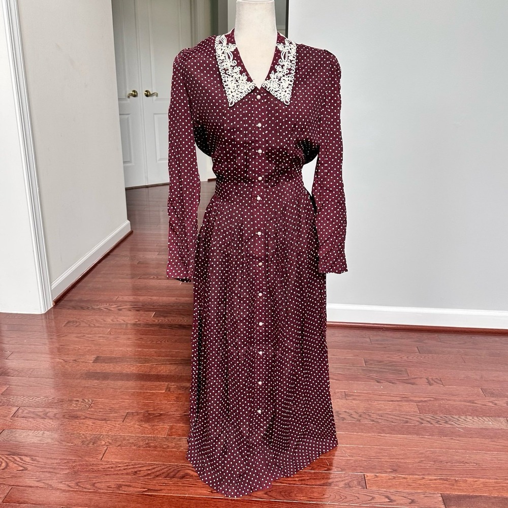 LG Star Maroon Ivory Lace‎ Polka Dot Faux Perl Button Up Long Sleeve Maxi Dress
